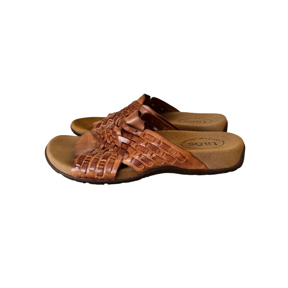 Taos Women's Size 8 Guru Cognac Leather Comfort Woven Slide Sandals Spain NEW - Picture 5 of 10